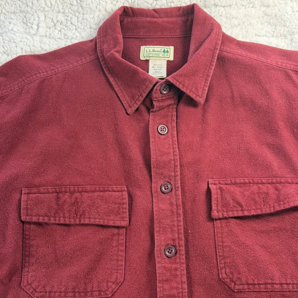 LL Bean Chamois Cloth Shirt Mens XL Tall Burgundy Red Cotton Button Down OMT04